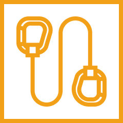 Black and orange icon featuring two hooks, symbolizing connection or attachment.