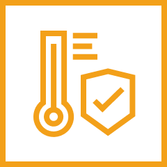 Icon of a thermometer and shield on a black background, illustrating themes of temperature and security