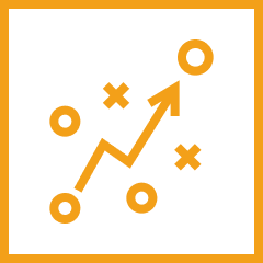 Black and orange icon featuring dots, marks, and a arrow, symbolizing data tactical operations