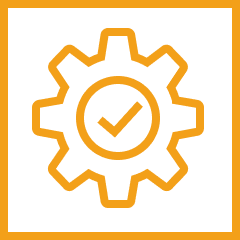 A gearwheel featuring a prominent tick mark, symbolizing approval or completion.